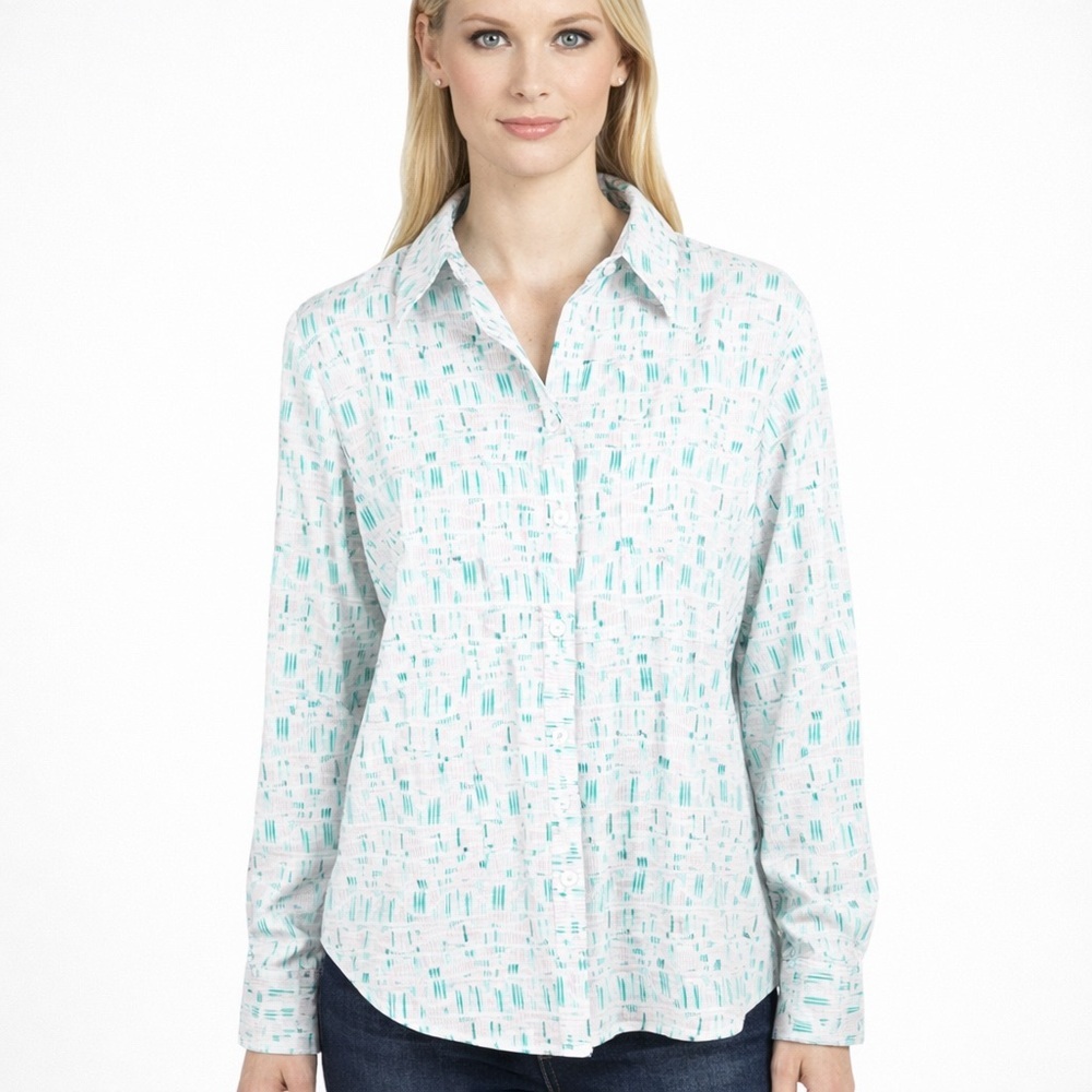 Foxcroft Non-Iron Abstract Retro Stripe Print Button Shirt Roll Tab Slvs Size 14